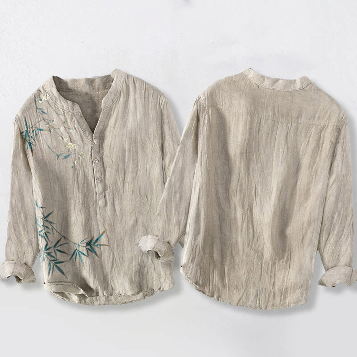 Camicia a maniche lunghe da uomo in cotone e lino con motivo Buddha Stones, foglie di bambù e fiori di prugna bianca - image 2