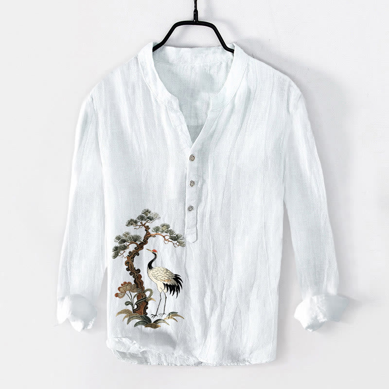 Camicia da uomo a maniche lunghe in cotone e lino con motivo Buddha Stones Cranes Pine Tree - Bianco - US/UK/AU50, EU60 (5XL) - image 6
