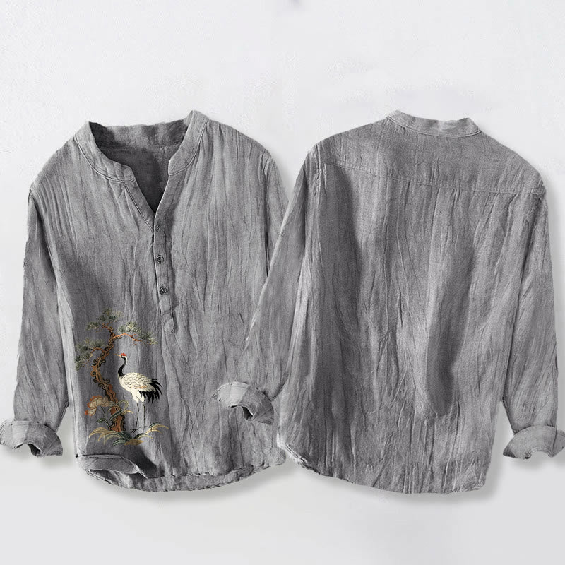 Camicia da uomo a maniche lunghe in cotone e lino con motivo Buddha Stones Cranes Pine Tree - image 5