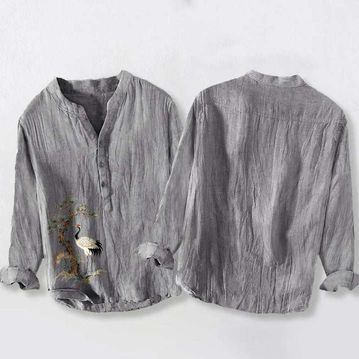 Camicia da uomo a maniche lunghe in cotone e lino con motivo Buddha Stones Cranes Pine Tree - image 5