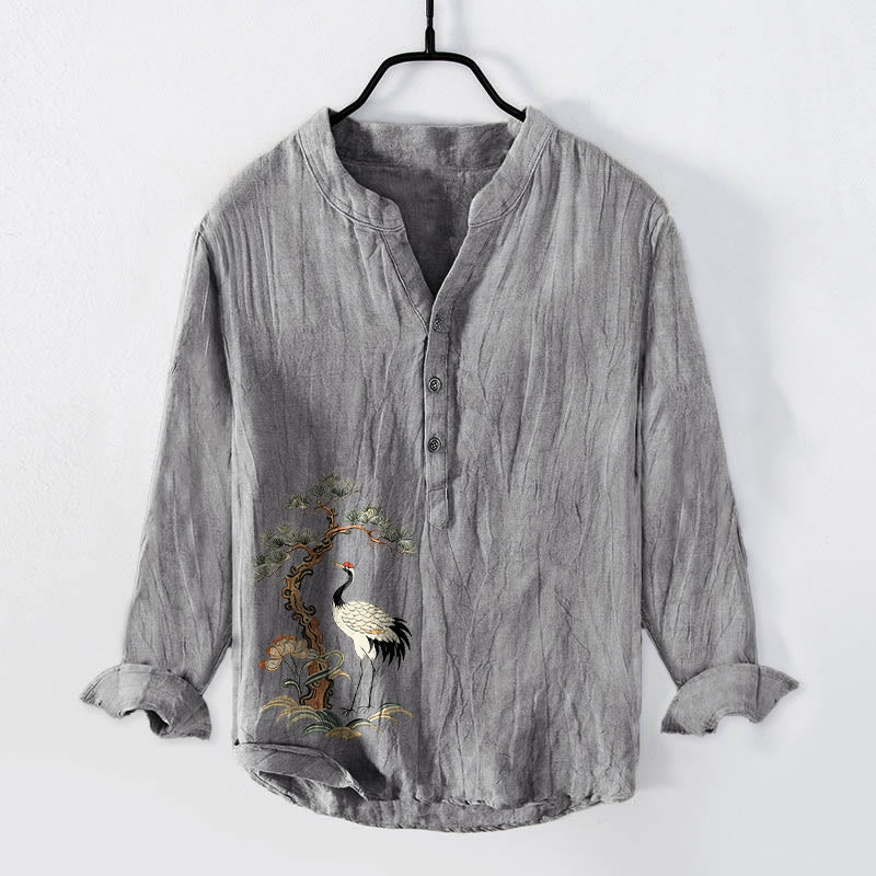 Camicia da uomo a maniche lunghe in cotone e lino con motivo Buddha Stones Cranes Pine Tree - Grigio - US/UK/AU50, EU60 (5XL) - image 3