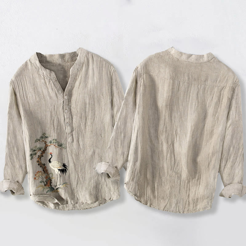 Camicia da uomo a maniche lunghe in cotone e lino con motivo Buddha Stones Cranes Pine Tree - image 2