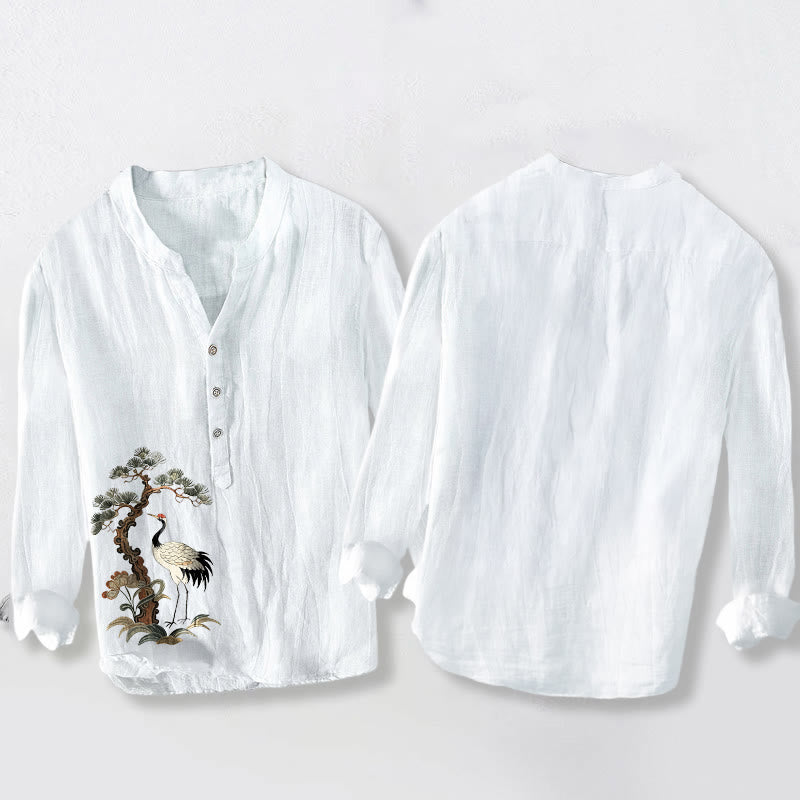 Camicia da uomo a maniche lunghe in cotone e lino con motivo Buddha Stones Cranes Pine Tree - image 8