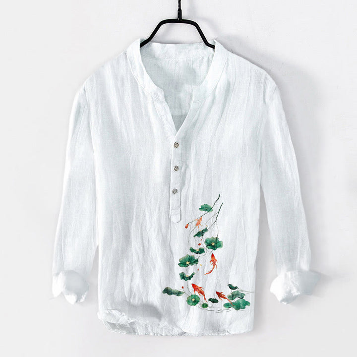 Camicia da uomo a maniche lunghe in cotone e lino con bottoni a metà, motivo Buddha Stones Koi Fish Lotus Leaves - Bianco - US/UK/AU50, EU60 (5XL) - image 0