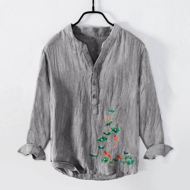 Camicia da uomo a maniche lunghe in cotone e lino con bottoni a metà, motivo Buddha Stones Koi Fish Lotus Leaves - Grigio - US/UK/AU50, EU60 (5XL) - image 6