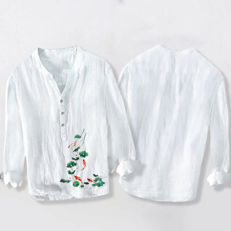 Camicia da uomo a maniche lunghe in cotone e lino con bottoni a metà, motivo Buddha Stones Koi Fish Lotus Leaves - image 2