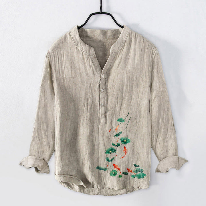 Camicia da uomo a maniche lunghe in cotone e lino con bottoni a metà, motivo Buddha Stones Koi Fish Lotus Leaves - Biancheria - US/UK/AU50, EU60 (5XL) - image 3