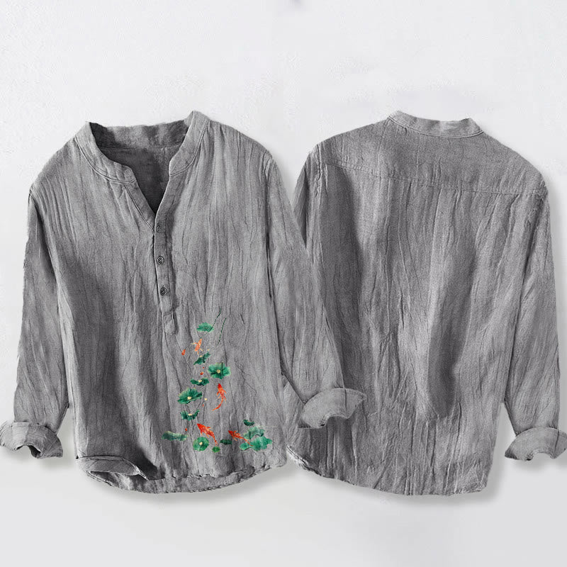 Camicia da uomo a maniche lunghe in cotone e lino con bottoni a metà, motivo Buddha Stones Koi Fish Lotus Leaves - image 8