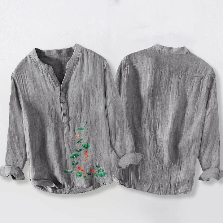 Camicia da uomo a maniche lunghe in cotone e lino con bottoni a metà, motivo Buddha Stones Koi Fish Lotus Leaves - image 8