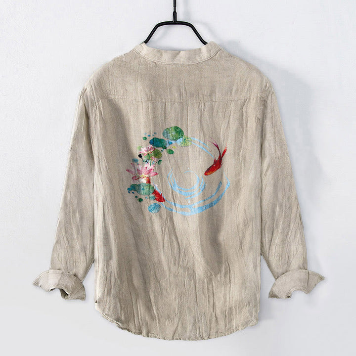 Camicia da uomo in cotone e lino a maniche lunghe con bottoni a mezza manica, motivo con Buddha Stones , pesci koi, fiori di loto e foglie - Biancheria - US/UK/AU50, EU60 (5XL) - image 3