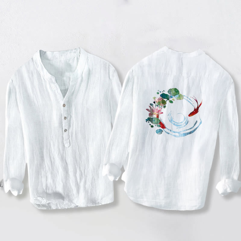 Camicia da uomo in cotone e lino a maniche lunghe con bottoni a mezza manica, motivo con Buddha Stones , pesci koi, fiori di loto e foglie - image 8