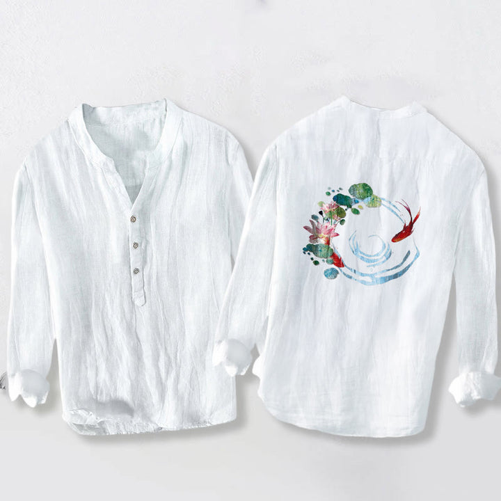 Camicia da uomo in cotone e lino a maniche lunghe con bottoni a mezza manica, motivo con Buddha Stones , pesci koi, fiori di loto e foglie - image 8