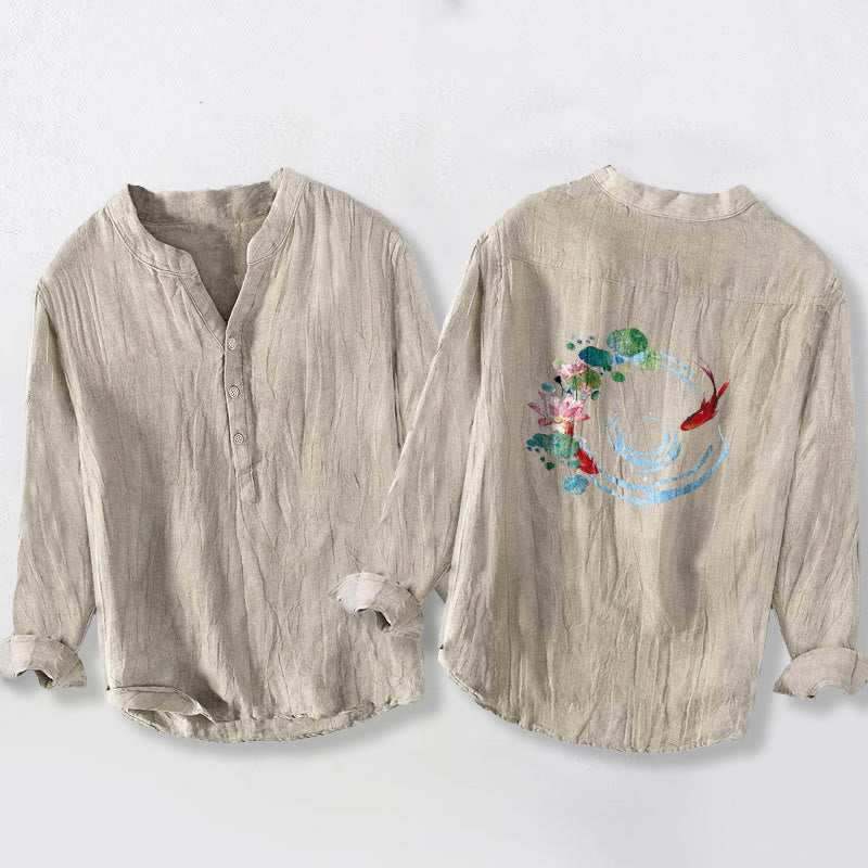 Camicia da uomo in cotone e lino a maniche lunghe con bottoni a mezza manica, motivo con Buddha Stones , pesci koi, fiori di loto e foglie - image 5