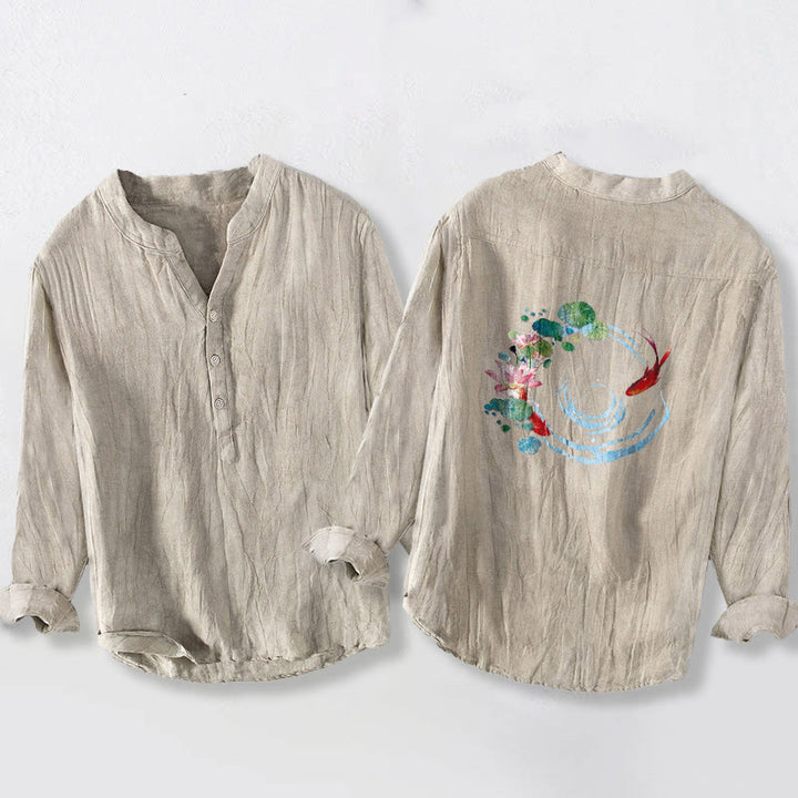 Camicia da uomo in cotone e lino a maniche lunghe con bottoni a mezza manica, motivo con Buddha Stones , pesci koi, fiori di loto e foglie - image 5