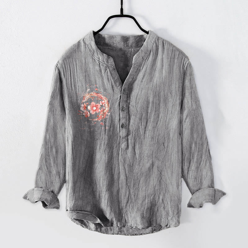 Camicia da uomo in cotone e lino a maniche lunghe con motivo a fiori di ciliegio, drago rosa, Buddha Stones - Grigio - US/UK/AU50, EU60 (5XL) - image 0