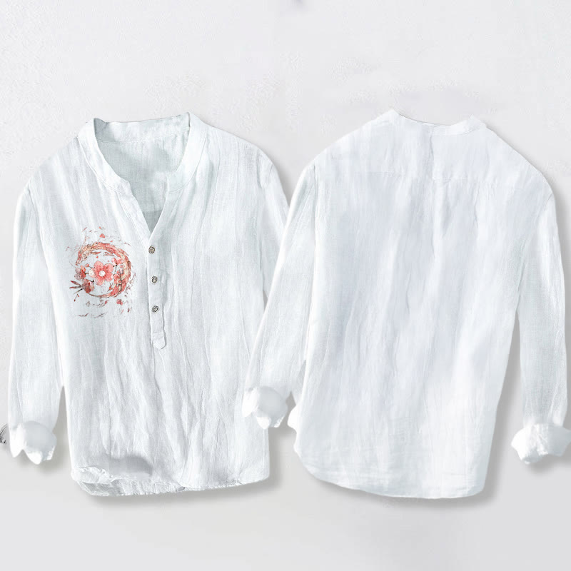 Camicia da uomo in cotone e lino a maniche lunghe con motivo a fiori di ciliegio, drago rosa, Buddha Stones - image 8