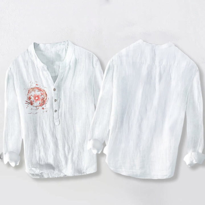 Camicia da uomo in cotone e lino a maniche lunghe con motivo a fiori di ciliegio, drago rosa, Buddha Stones - image 8