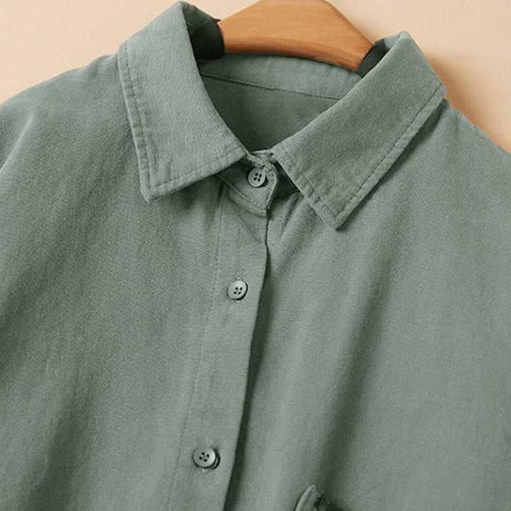 Camicia da donna in cotone a maniche lunghe con colletto rialzato e bottoni casual, motivo Buddha Stones - image 4