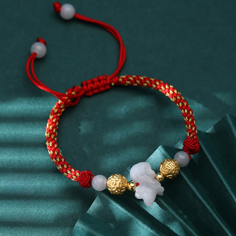 Braccialetto portafortuna con corda rossa, Buddha Stones di giada e argento dello zodiaco cinese, anno del cavallo - Ratto (Circonferenza del polso: 14-20 cm) - image 1