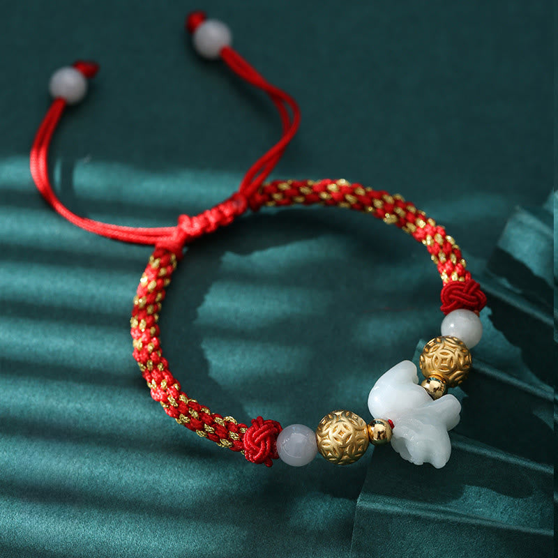 Braccialetto portafortuna con corda rossa, Buddha Stones di giada e argento dello zodiaco cinese, anno del cavallo - Bue (Circonferenza del polso: 14-20 cm) - image 2