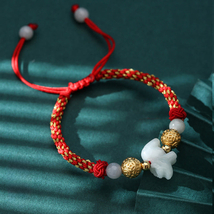 Braccialetto portafortuna con corda rossa, Buddha Stones di giada e argento dello zodiaco cinese, anno del cavallo - Bue (Circonferenza del polso: 14-20 cm) - image 2