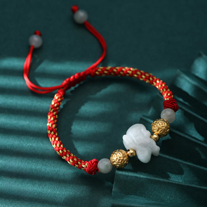 Braccialetto portafortuna con corda rossa, Buddha Stones di giada e argento dello zodiaco cinese, anno del cavallo - Coniglio (Circonferenza del polso: 14-20 cm) - image 14