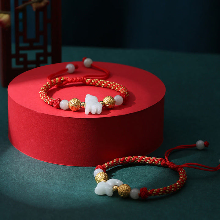 Braccialetto portafortuna con corda rossa, Buddha Stones di giada e argento dello zodiaco cinese, anno del cavallo - image 26