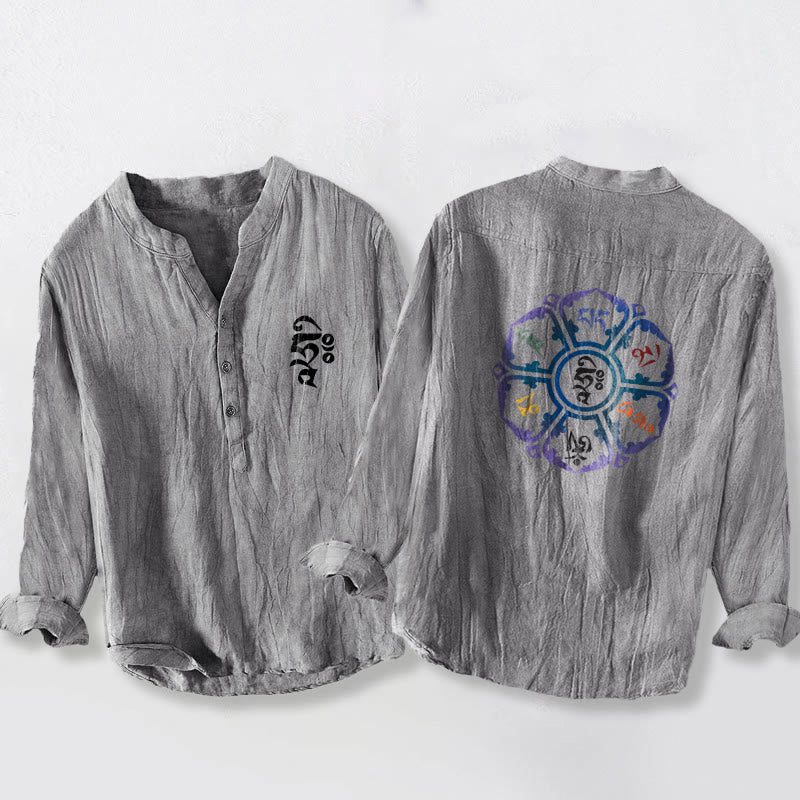 Camicia da uomo in cotone e lino a maniche lunghe con bottoni mezzi e motivo mandala colorato Buddha Stones Om Mani Padme Hum - Grigio - US/UK/AU50, EU60 (5XL) - image 6