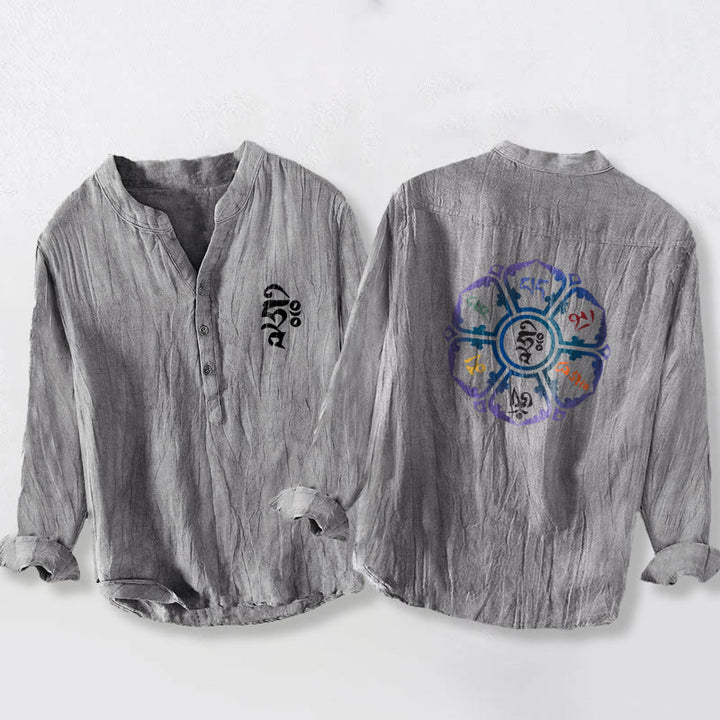 Camicia da uomo in cotone e lino a maniche lunghe con bottoni mezzi e motivo mandala colorato Buddha Stones Om Mani Padme Hum - Grigio - US/UK/AU50, EU60 (5XL) - image 6