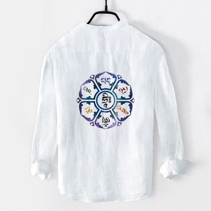 Camicia da uomo in cotone e lino a maniche lunghe con bottoni mezzi e motivo mandala colorato Buddha Stones Om Mani Padme Hum - image 2