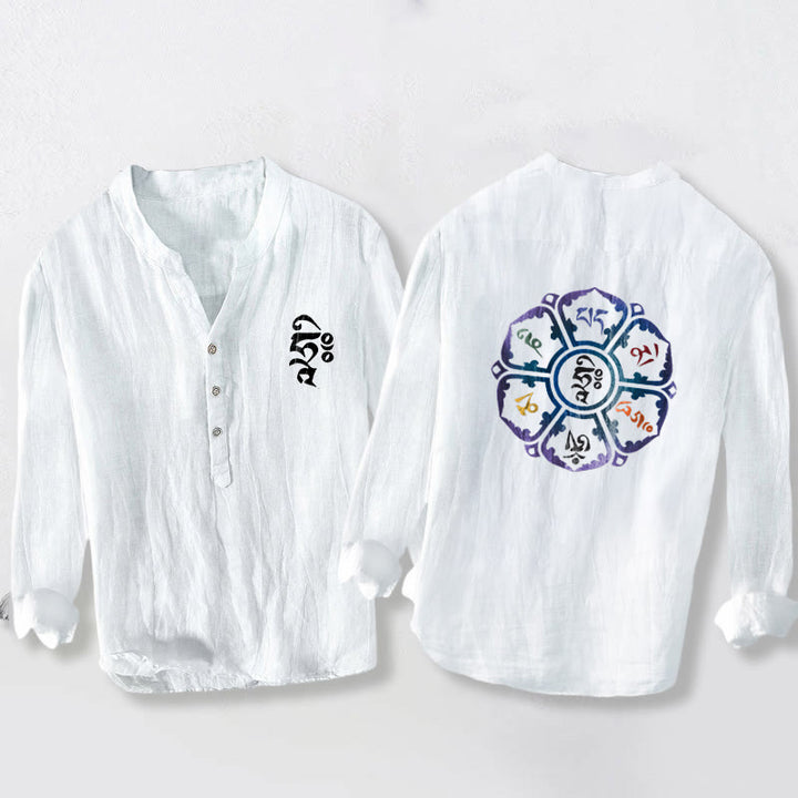 Camicia da uomo in cotone e lino a maniche lunghe con bottoni mezzi e motivo mandala colorato Buddha Stones Om Mani Padme Hum - Bianco - US/UK/AU50, EU60 (5XL) - image 0