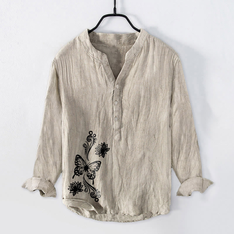Camicia da uomo in cotone e lino a maniche lunghe con bottoni a mezzo bottone, motivo a farfalla Buddha Stones - Biancheria - US/UK/AU50, EU60 (5XL) - image 0
