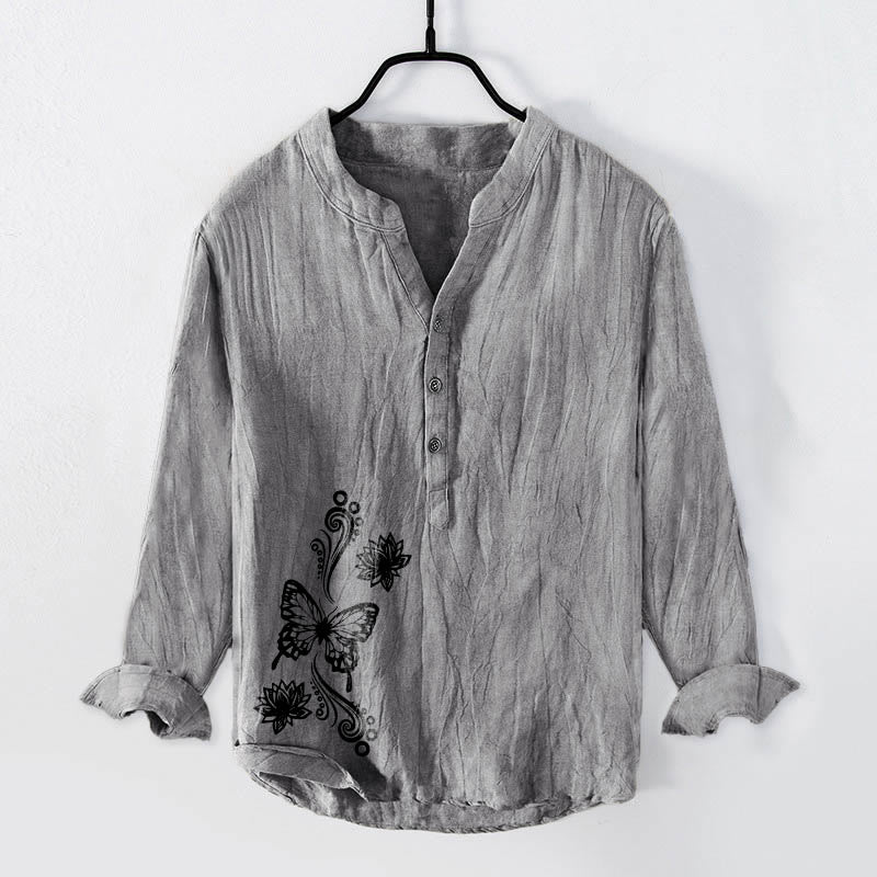 Camicia da uomo in cotone e lino a maniche lunghe con bottoni a mezzo bottone, motivo a farfalla Buddha Stones - Grigio - US/UK/AU50, EU60 (5XL) - image 3