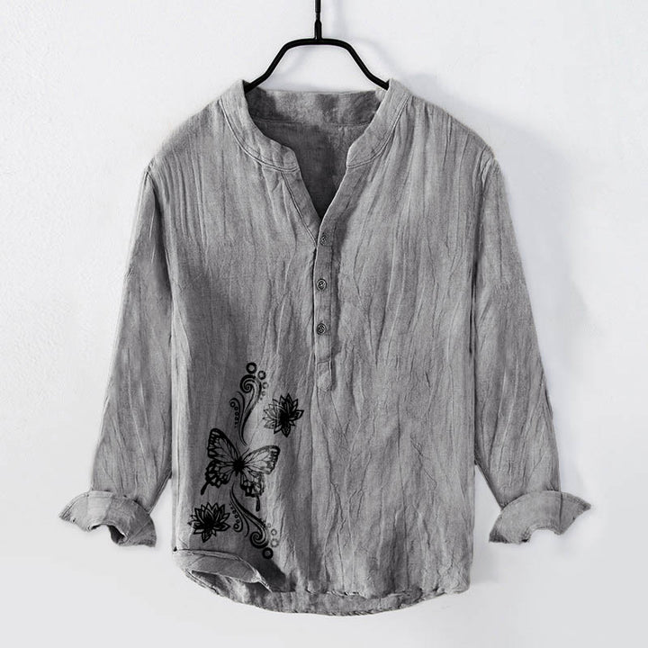 Camicia da uomo in cotone e lino a maniche lunghe con bottoni a mezzo bottone, motivo a farfalla Buddha Stones - Grigio - US/UK/AU50, EU60 (5XL) - image 3