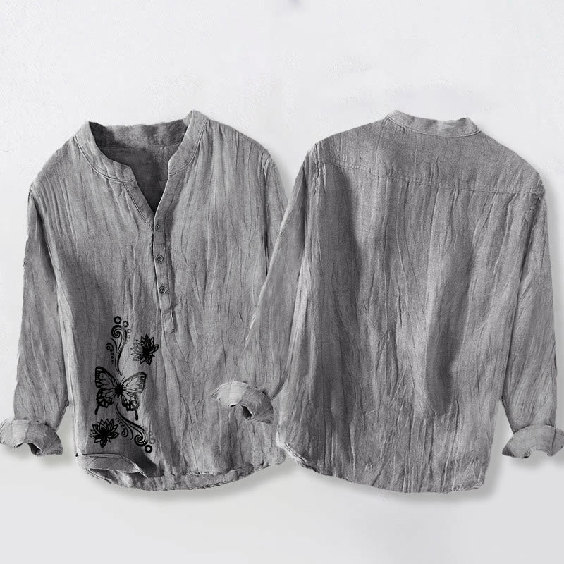 Camicia da uomo in cotone e lino a maniche lunghe con bottoni a mezzo bottone, motivo a farfalla Buddha Stones - image 5