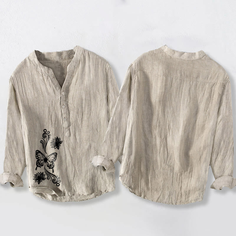 Camicia da uomo in cotone e lino a maniche lunghe con bottoni a mezzo bottone, motivo a farfalla Buddha Stones - image 2