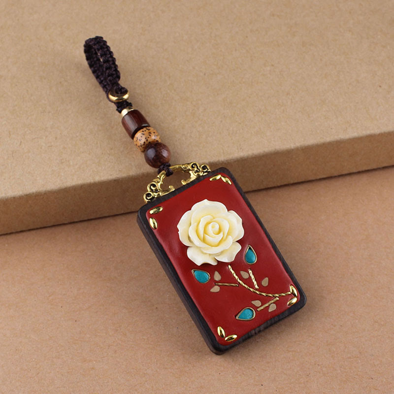 Portachiavi con ciondolo a forma di corda con ciondolo a forma Buddha Stones, fiore di ebano, pesce koi - Corda con bottoni marroni - Rosa - image 1