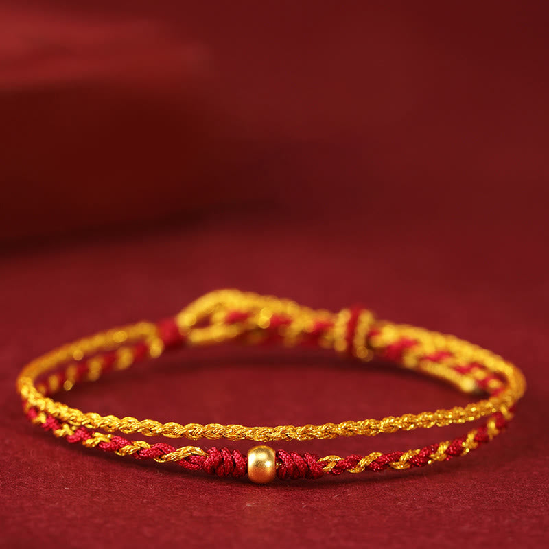 Bracciale intrecciato con Buddha Stones in oro 999 e moneta di rame a doppio giro, con cordino rosso dorato - Perlina singola in oro 999 - image 0