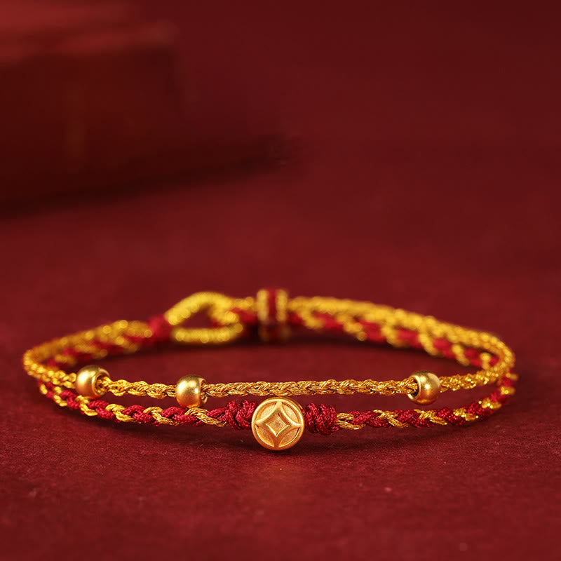 Bracciale intrecciato con Buddha Stones in oro 999 e moneta di rame a doppio giro, con cordino rosso dorato - Moneta in rame e oro 999 e tre perle - image 5