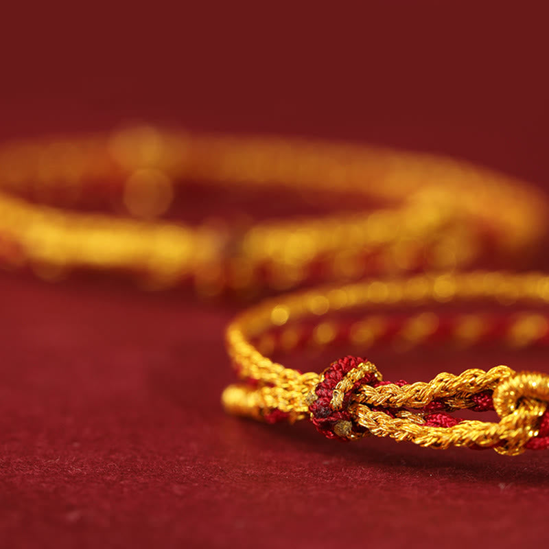 Bracciale intrecciato con Buddha Stones in oro 999 e moneta di rame a doppio giro, con cordino rosso dorato - image 2