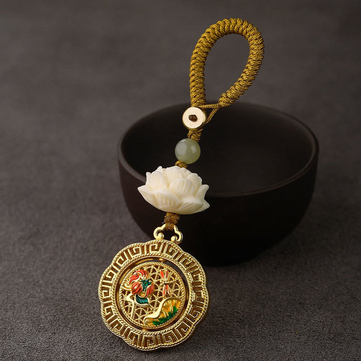 Portachiavi girevole in rame con perline di giada Hetian, seme di Bodhi, Buddha Stones loto, pace - Foglia di loto della libellula - Corda con bottone giallo - image 0