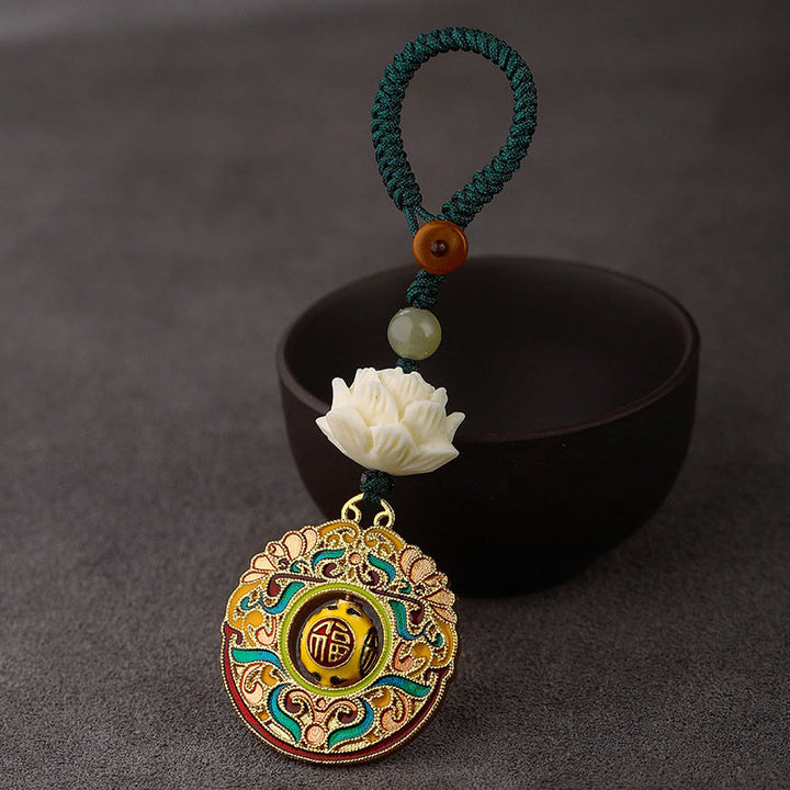 Portachiavi girevole in rame con perline di giada Hetian, seme di Bodhi, Buddha Stones loto, pace - Fu Carattere Nuvola di Buon Auspicio - Corda con bottone verde - image 11