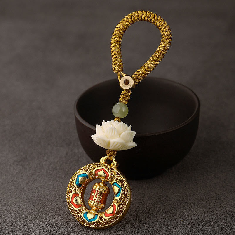 Portachiavi girevole in rame con perline di giada Hetian, seme di Bodhi, Buddha Stones loto, pace - Ruota della preghiera - Corda con bottone giallo - image 13