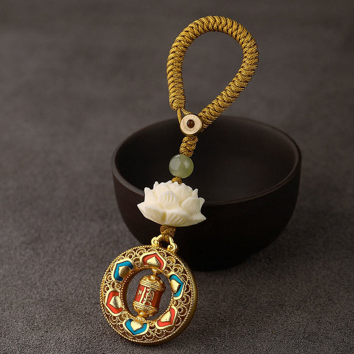 Portachiavi girevole in rame con perline di giada Hetian, seme di Bodhi, Buddha Stones loto, pace - Ruota della preghiera - Corda con bottone giallo - image 13