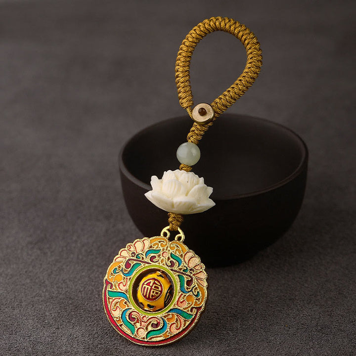 Portachiavi girevole in rame con perline di giada Hetian, seme di Bodhi, Buddha Stones loto, pace - Fu Carattere Nuvola di Buon Auspicio - Corda con bottone giallo - image 10