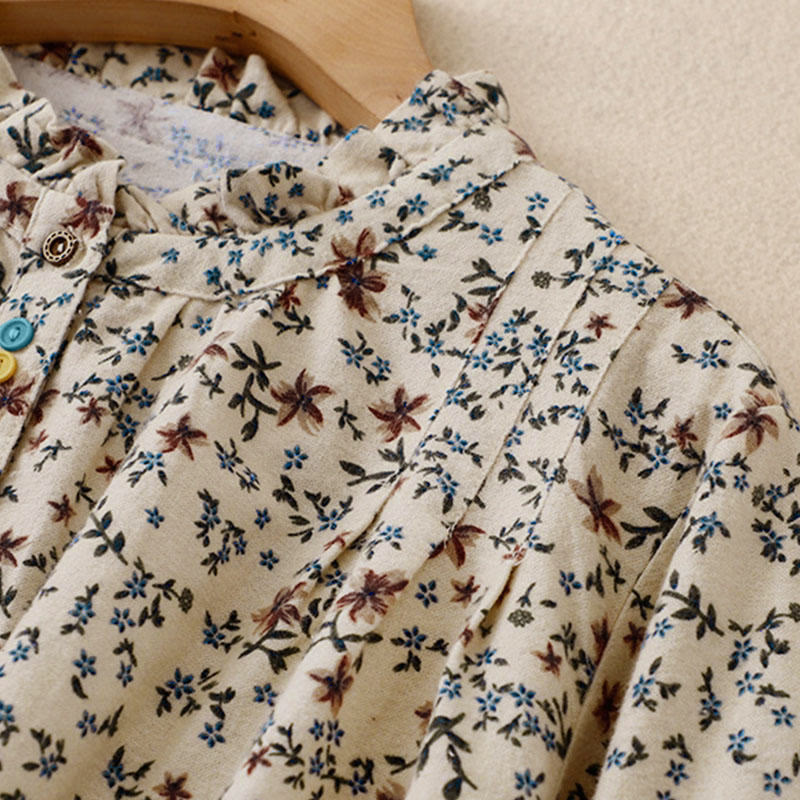 Camicia da donna in cotone a maniche lunghe con stampa floreale autunnale Buddha Stones e bottoni - image 10