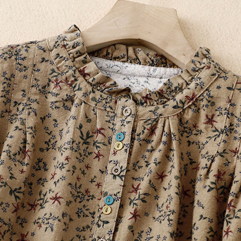 Camicia da donna in cotone a maniche lunghe con stampa floreale autunnale Buddha Stones e bottoni - image 18