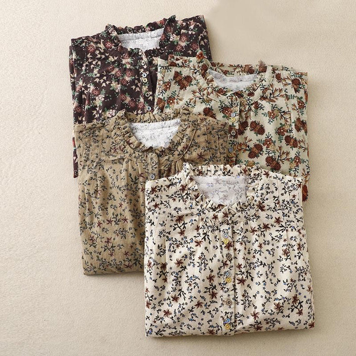 Camicia da donna in cotone a maniche lunghe con stampa floreale autunnale Buddha Stones e bottoni - image 29