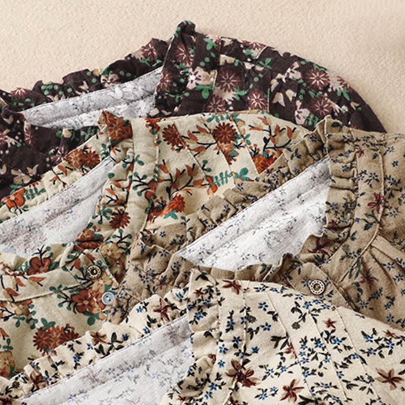 Camicia da donna in cotone a maniche lunghe con stampa floreale autunnale Buddha Stones e bottoni - image 30