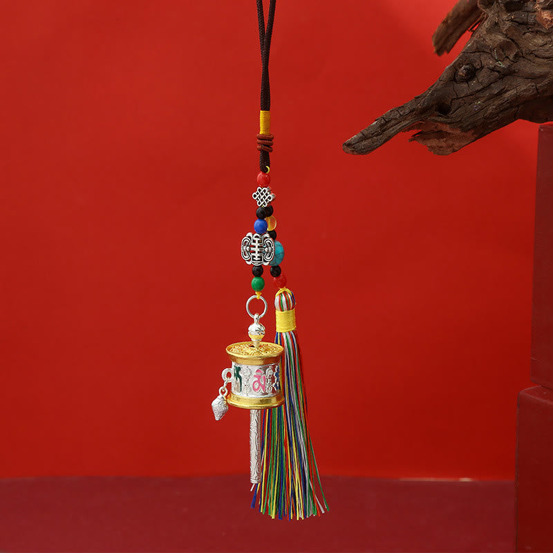 Portachiavi con ruota di preghiera Buddha Stones Om Mani Padme Hum e nappe colorate Purezza - Argento medio - image 5